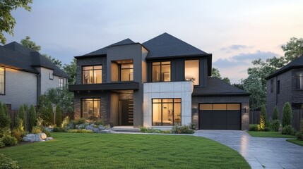 Fototapeta premium Luxury Modern House Exterior at Dusk, Two-Story Home with Stone and Brick Facade, Green Lawn