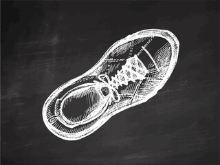 Hand drawn vintage sketch of hiking boot in white chalk style on chalkboard background