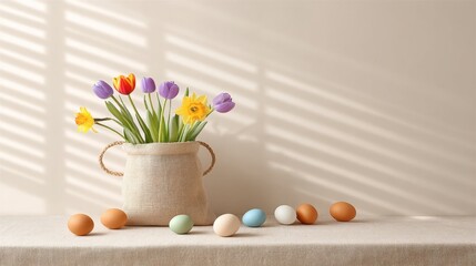 Vase with colorful easter eggs on table in kitchen interior with free space background