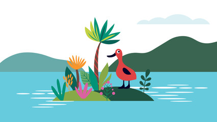 A little lonely duck bird on a desert island © LenLis