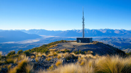 Symmetrical communications tower on a mountaintop surrounded by alpine vegetation