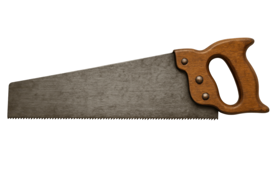 Vintage hand saw with wooden handle isolated on transparent background, traditional carpenter tool for woodworking, DIY, carpentry and home repair projects