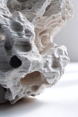 Close-up of a textured white rock formation with intricate holes, showcasing natural beauty indoors