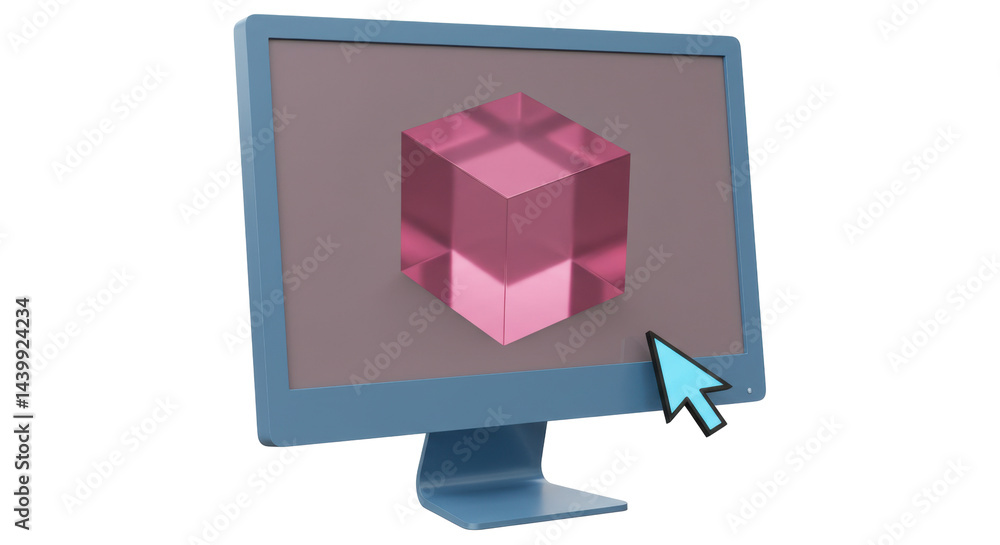 Poster isolated computer monitor displaying 3d cube