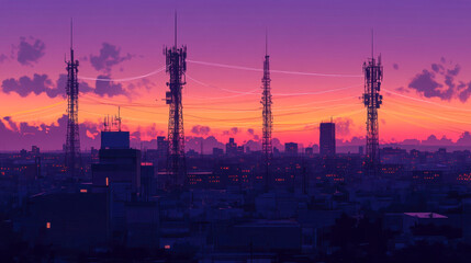 Panoramic cityscape at dusk featuring communication towers with data beams under a colorful sky