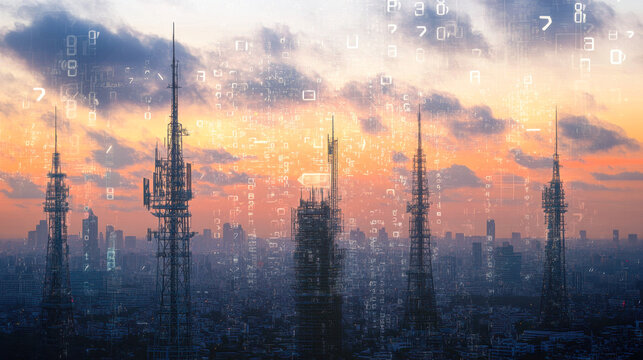 Panoramic cityscape with digital towers and floating numbers at dusk