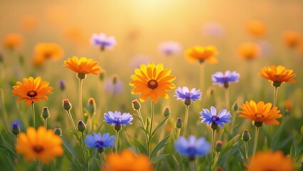 Obraz premium Vibrant Orange and Blue Flowers in a Summer Meadow at Sunset