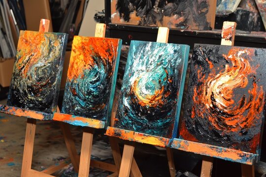 Abstract paintings on easels (1)