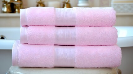 Soft, pale pink towels stacked neatly in a bathroom.