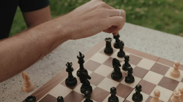 Close-up shot of a chess game being played outdoors. Strategic moves are made, showcasing a battle of wits in a natural setting.
