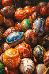 A close-up shot of a basket brimming with beautifully decorated Easter eggs.