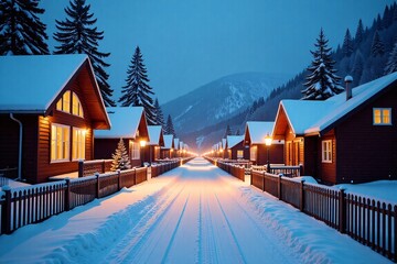 Snow covered street at night cozy houses winter village tranquil scene peaceful atmosphere illuminated road