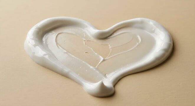 White cream swatch in heart shape on light yellow background. Skincare product texture or cosmetic balm sample concept, beauty care idea valentines day romantic.