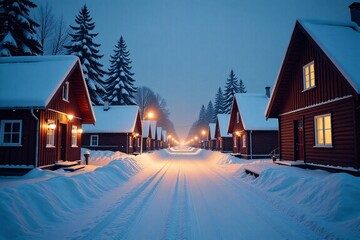Snow covered village street at night cozy winter scene warm lights wooden houses peaceful atmosphere