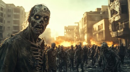 Apocalyptic zombie invasion scene featu undead figures walking through city streets with destroyed buildings and fiery background