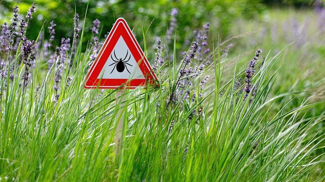 Triangular tick warning sign in lush green grass with purple flowers