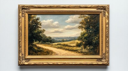 Classic landscape oil painting depicting a scenic countryside view with trees, rolling hills, a cloudy sky, and a vintage ornate gold frame on a light wall