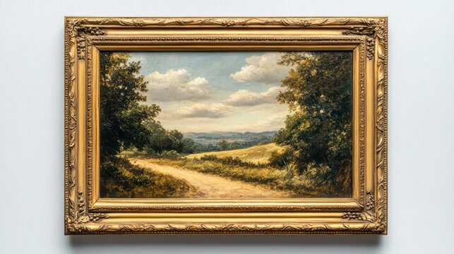 Naklejki Classic landscape oil painting depicting a scenic countryside view with trees, rolling hills, a cloudy sky, and a vintage ornate gold frame on a light wall
