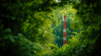 Distant red and white cell tower stands tall amid lush green forest with blurred trees in foreground