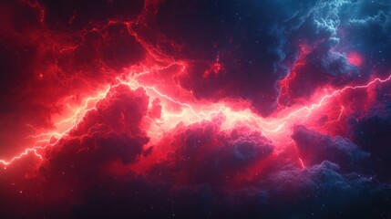 Dramatic interstellar lightning storm with red and blue nebula cloudsscape