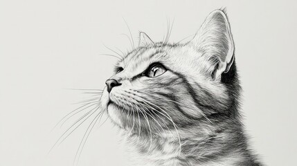Close-up detailed black and white sketch of a domestic cat with attentive expression and textured fur showcasing feline beauty and natural elegance