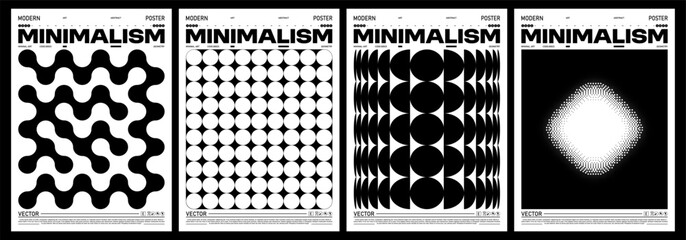 Minimalist geometric posters set. Abstract modern compositions with halftone, pixel and array elements. Vector set 