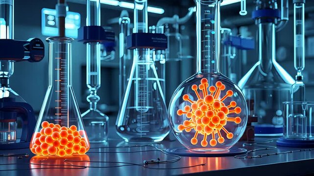 Advanced scientific laboratory with glowing molecules inside transparent glass flasks and complex chemical equipment under blue lighting

