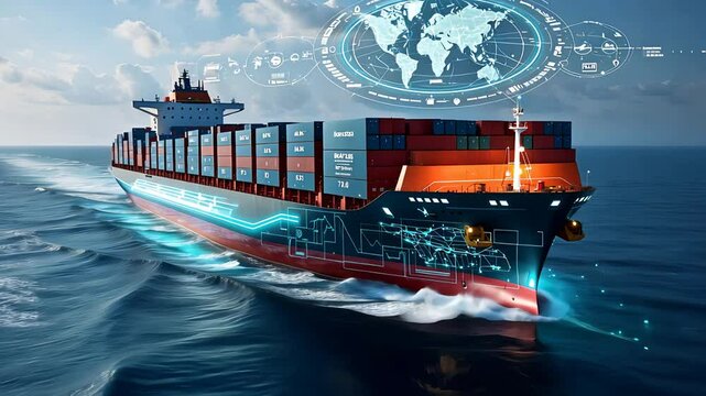Futuristic cargo ship sailing across ocean with digital global logistics interface overlay and high-tech data visualization on containers

