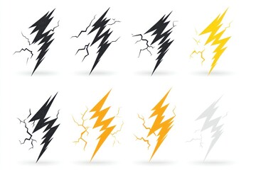 Lightning bolt icons, cracked surface, white background, warning sign, web design