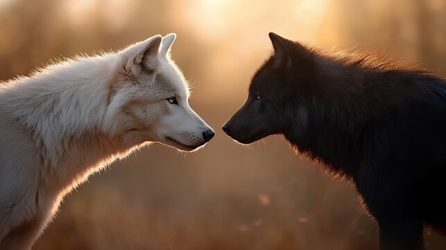 Two Wolves Facing Each Other Against Warm Sunlight