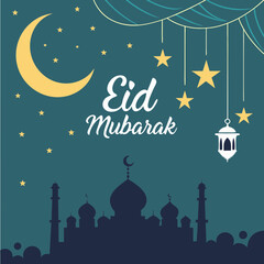 Elegant Eid greeting card featuring a golden crescent moon, shining star, and ornate mosque silhouette on a dark blue background with tiny white stars.