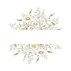 Wildflowers chamomile, yarrow and meadow grasses. Hand drawn isolated watercolor square frame of yellow and white field vintage flowers with copy space for invitations, postcards, certificates, cards.
