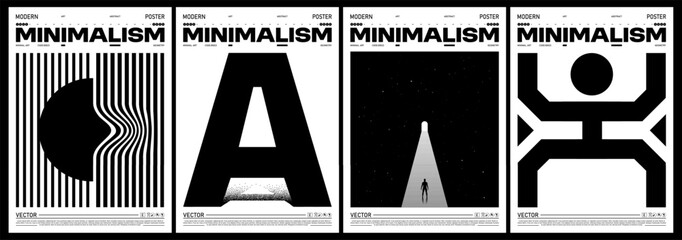 Minimalism abstract poster set. Wavy lines, letter A composition, cosmic silhouette with stars, and bold geometric figure. Vector design © BonkiStudio