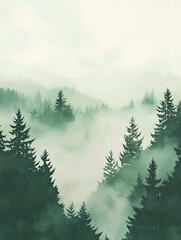 Fototapeta premium Mystical Foggy Forest Landscape: Serene Green Nature Scenery with Atmospheric Mist and Tranquil Silhouettes
