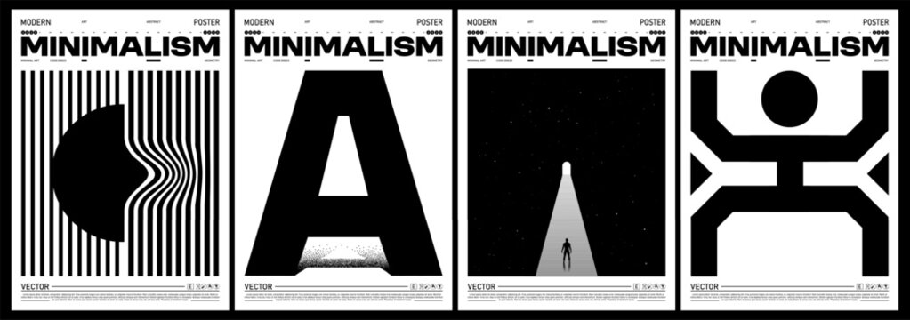Minimalism abstract poster set. Wavy lines, letter A composition, cosmic silhouette with stars, and bold geometric figure. Vector design