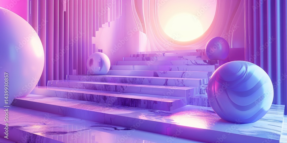 Poster abstract white and purple waves with black spheres. 3d digital art design with fluid motion and dept
