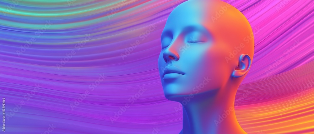 Poster abstract mannequin head with closed eyes in vibrant gradient colors on a flowing background concept 
