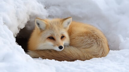 Obraz premium A Cute Fox Curled Up in a Snowy Den, Offering a Cozy Winter Scene of Nature's Beauty
