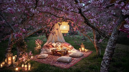 Cozy outdoor picnic setup under blooming cherry blossom trees with lanterns and cushions