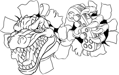 A crocodile, dinosaur or alligator lizard gamer sports video game gaming mascot holding a games controller