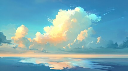 Serene painted landscape featuring calm ocean water reflecting large fluffy clouds illuminated by soft sunset colors under a vast blue sky. 