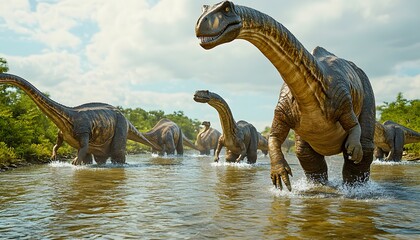 Fototapeta premium Several large long necked dinosaurs wade through a body of water