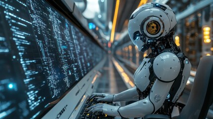 Fototapeta premium Futuristic Humanoid Robot Monitoring Complex Data Stream Inside a Spaceship