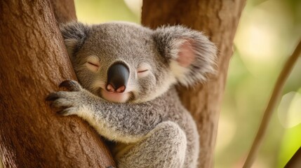 Naklejka premium Peaceful slumber: A koala embracing a tree in its tranquil habitat
