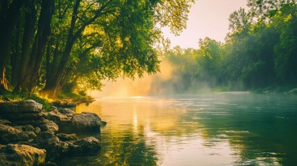 Fototapeta premium Misty Sunrise Riverbank Forest