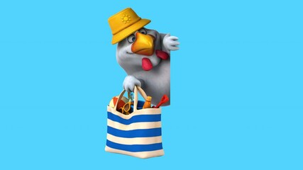 Fun 3D cartoon chicken with a beach bag (on alpha)