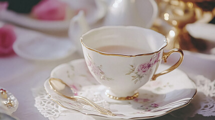 Fototapeta premium Traditional English afternoon tea at the manor, teatime scenes with floral porcelain, sweet treats, and romantic settings in country manor lounges and garden rooms, evoking gentle, timeless charm and