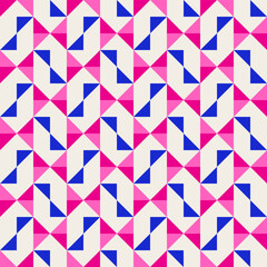 Fototapeta premium Bright bold vibrant abstract geometric quilt seamless vector pattern, color block. High contrast geometric colorful patchwork background. Pink fuchsia magenta and indigo cobalt blue color combination