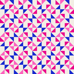 Bright bold vibrant abstract geometric quilt seamless vector pattern, color block. High contrast geometric colorful patchwork background. Pink fuchsia magenta and indigo cobalt blue color combination