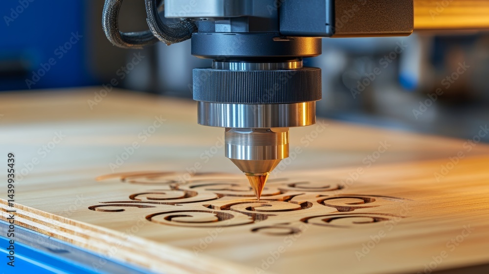 Poster cnc router cutting intricate design, woodworking precision, automated carving machine in action